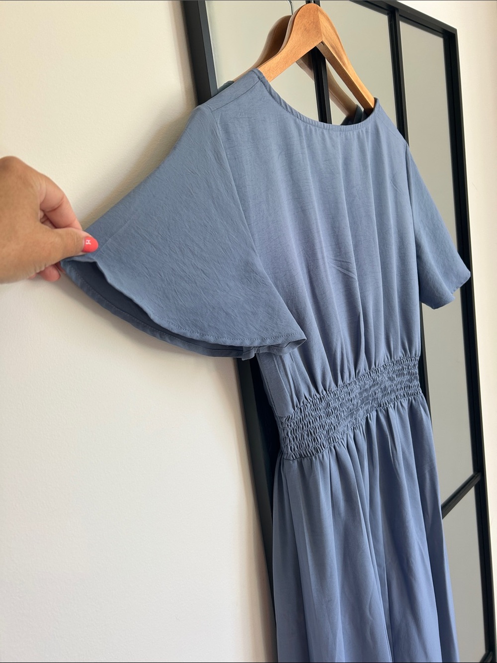 Baby Blue Smocked Waist V-Neck Midi Dress - Picture 7 of 11